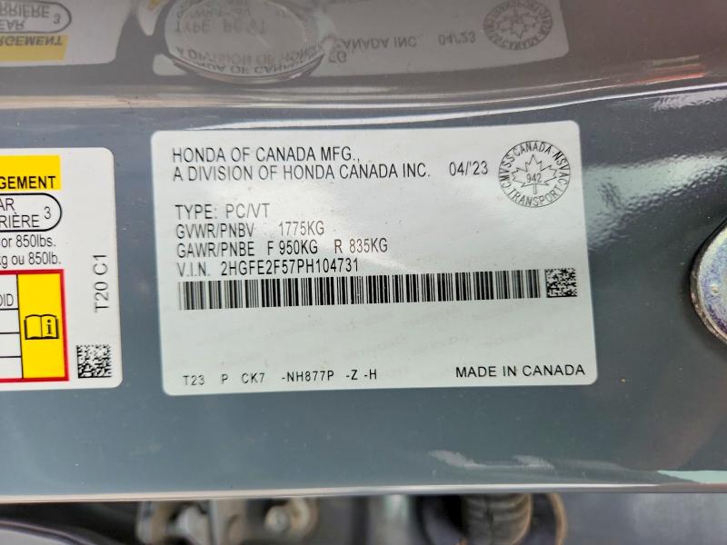 2023 Honda Civic მანქანა იყიდება აუქციონზე, vin: 2HGFE2F57PH104731, აუქციონის ნომერი: 65359096