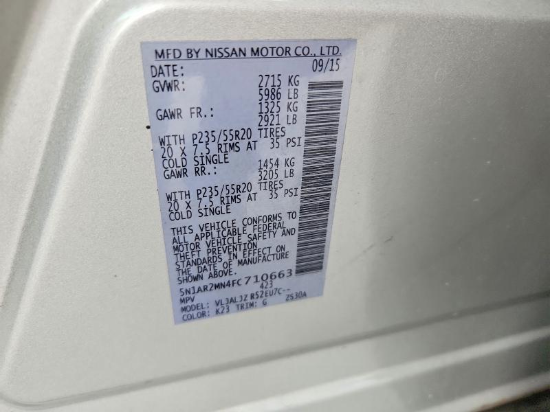 68378636 :رقم المزاد ، 5N1AR2MN4FC710663 vin ، 2015 Nissan Pathfinder مزاد بيع