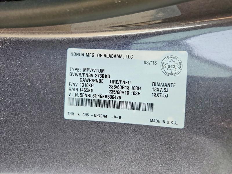 Aukcja sprzedaży 2019 Honda Odyssey, vin: 5FNRL6H46KB506476, numer aukcji: 69531616