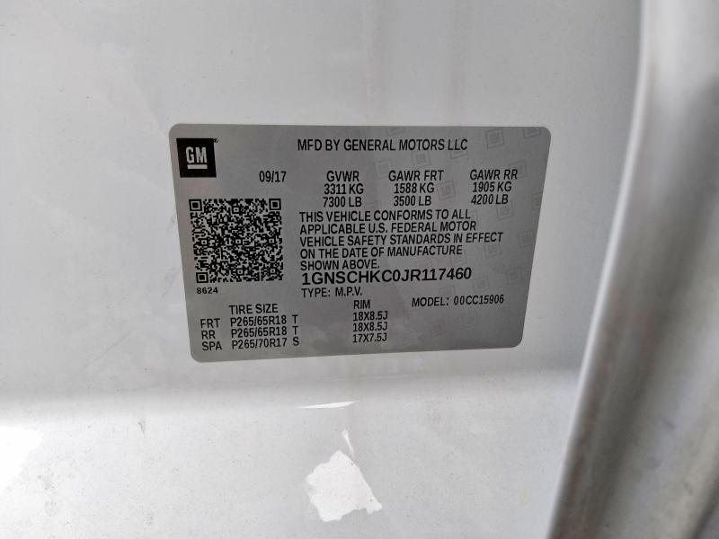 2018 Chevrolet Suburban მანქანა იყიდება აუქციონზე, vin: 1GNSCHKC0JR117460, აუქციონის ნომერი: 70488796