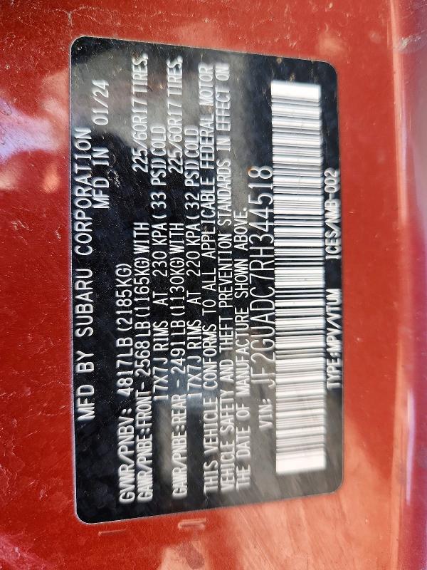 Aukcja sprzedaży 2024 Subaru Crosstrek, vin: JF2GUADC7RH344518, numer aukcji: 68731816
