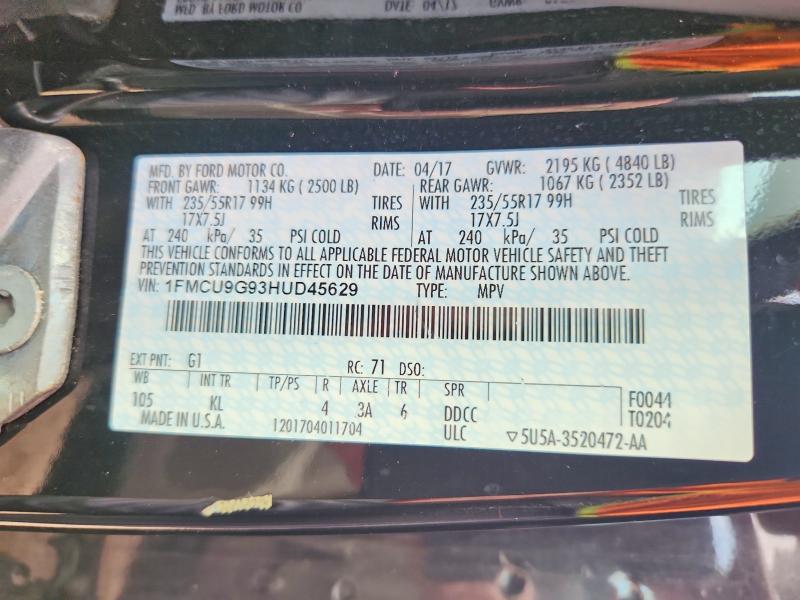 2017 Ford Escape მანქანა იყიდება აუქციონზე, vin: 1FMCU9G93HUD45629, აუქციონის ნომერი: 67240506