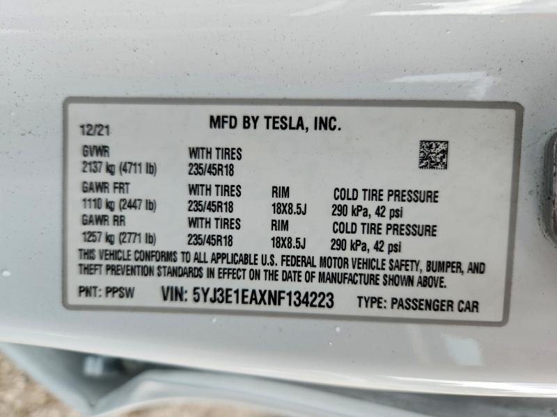 Aukcja sprzedaży 2022 Tesla Model 3, vin: 5YJ3E1EAXNF134223, numer aukcji: 67314546