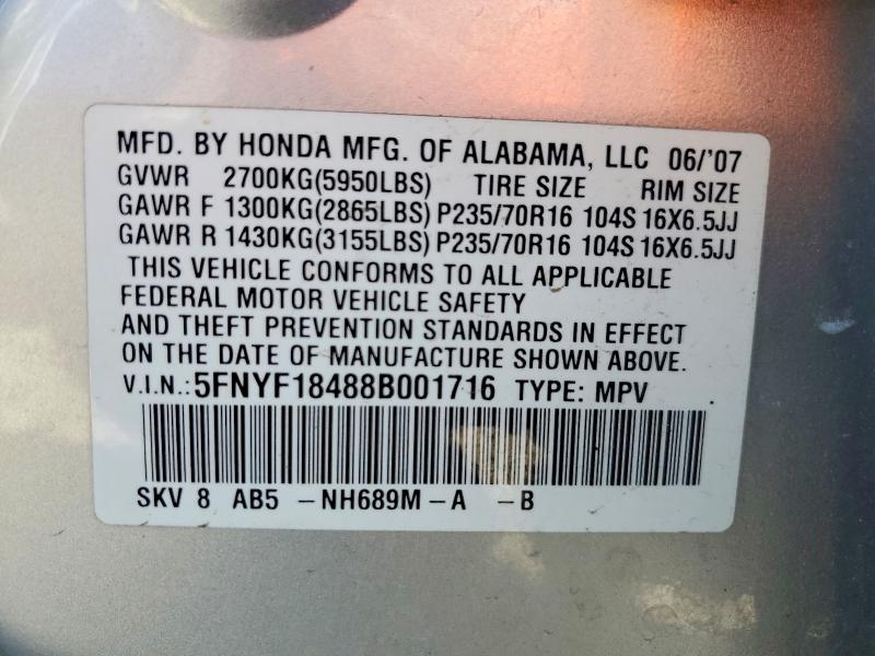 Продаж на аукціоні авто 2008 Honda Pilot, vin: 5FNYF18488B001716, номер лоту: 69204346