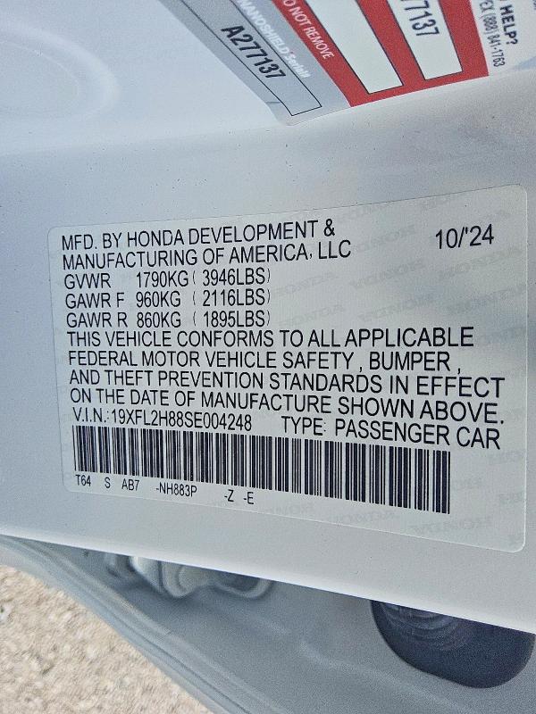 2025 Honda Civic მანქანა იყიდება აუქციონზე, vin: 19XFL2H88SE004248, აუქციონის ნომერი: 68109426