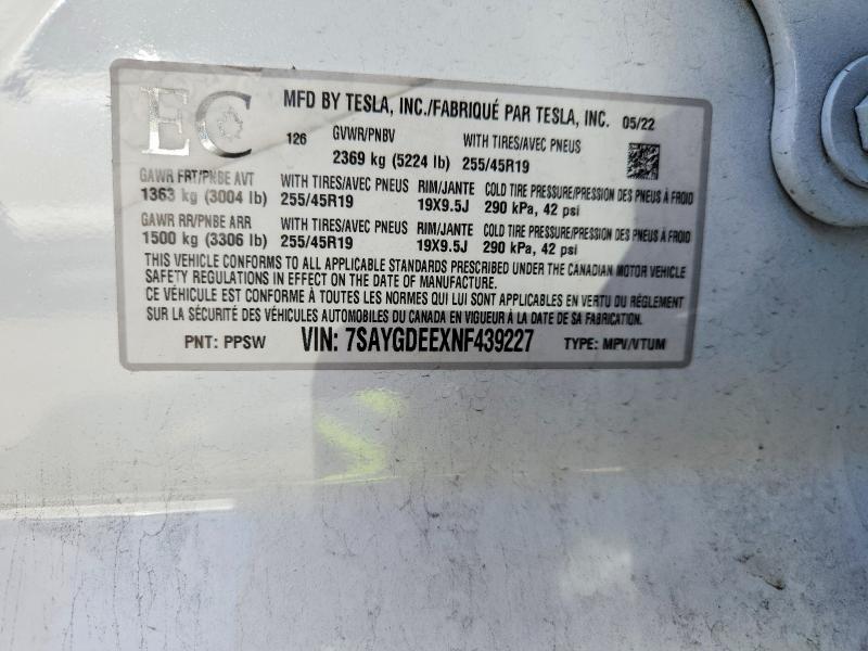 Продажа на аукционе авто 2022 Tesla Model Y, vin: 7SAYGDEEXNF439227, номер лота: 66854996