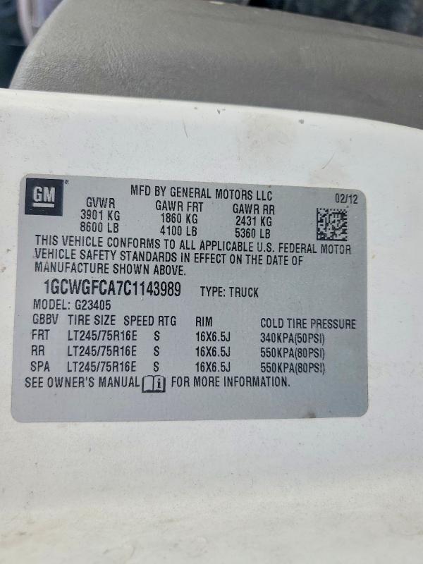 2012 Chevrolet Express G2500 მანქანა იყიდება აუქციონზე, vin: 1GCWGFCA7C1143989, აუქციონის ნომერი: 67961016