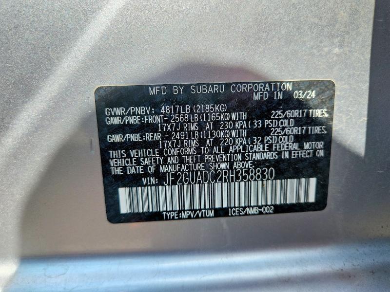Aukcja sprzedaży 2024 Subaru Crosstrek, vin: JF2GUADC2RH358830, numer aukcji: 66816456