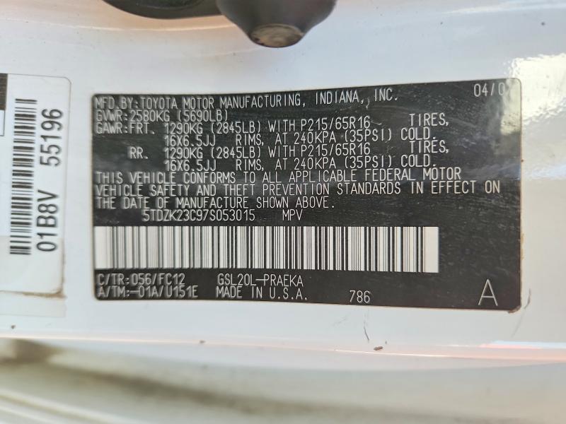Продажа на аукционе авто 2007 Toyota Sienna, vin: 5TDZK23C97S053015, номер лота: 67415146