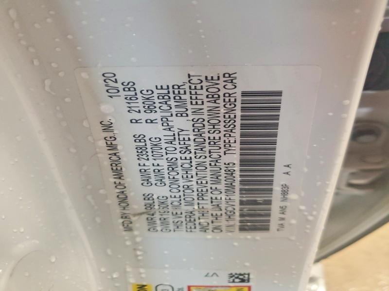Auction sale of the 2021 Honda Accord, vin: 1HGCV1F10MA004815, lot number: 67080706