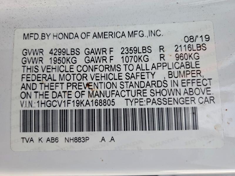 Продажа на аукционе авто 2019 Honda Accord, vin: 1HGCV1F19KA168805, номер лота: 67978006