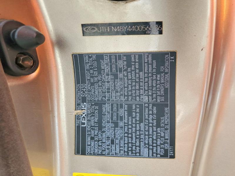 2004 Lexus Sc მანქანა იყიდება აუქციონზე, vin: JTHFN48Y440056086, აუქციონის ნომერი: 67598426