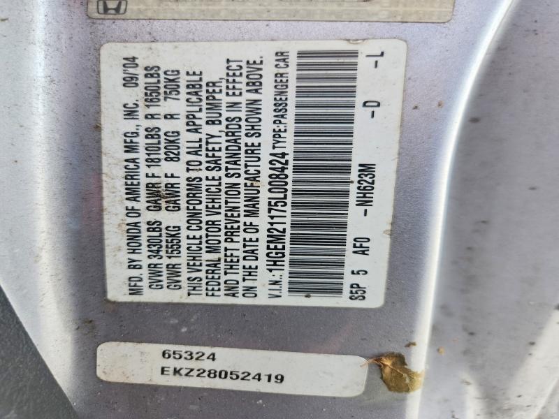 Aukcja sprzedaży 2005 Honda Civic, vin: 1HGEM21175L008424, numer aukcji: 67830846