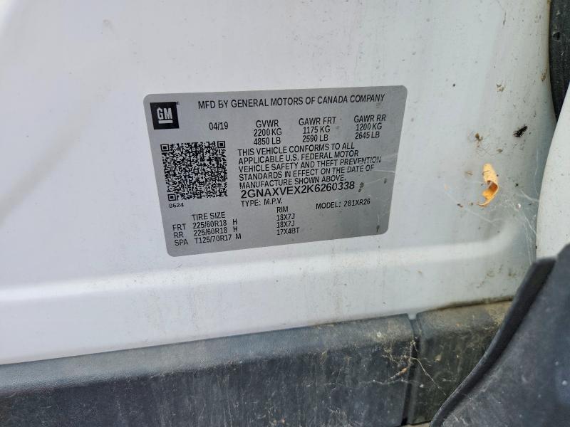 2019 Chevrolet Equinox მანქანა იყიდება აუქციონზე, vin: 2GNAXVEX2K6260338, აუქციონის ნომერი: 69815166