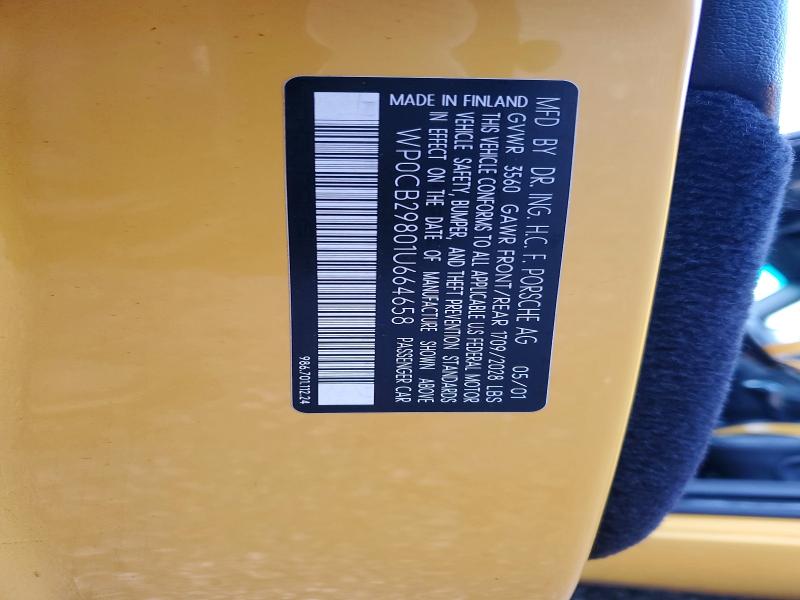 2001 Porsche Boxster მანქანა იყიდება აუქციონზე, vin: WP0CB29801U664658, აუქციონის ნომერი: 66735106