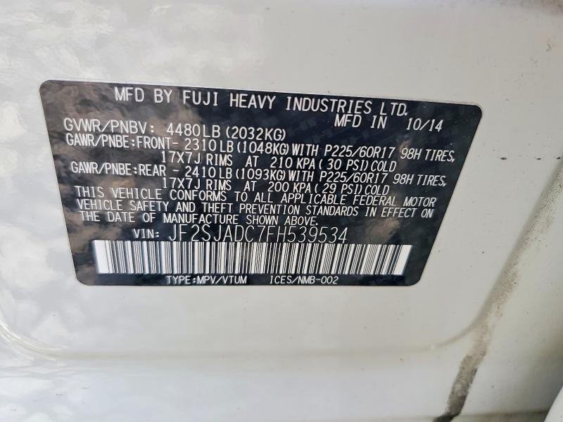 2015 Subaru Forester მანქანა იყიდება აუქციონზე, vin: JF2SJADC7FH539534, აუქციონის ნომერი: 67269826