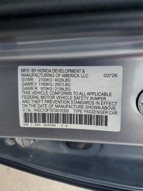 2026 Honda Accord მანქანა იყიდება აუქციონზე, vin: 1HGCY2F76TA016306, აუქციონის ნომერი: 67343336