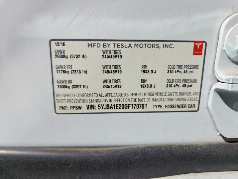 Продаж на аукціоні авто 2016 Tesla Model S, vin: 5YJSA1E20GF170781, номер лоту: 69814806
