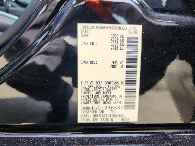 2020 Nissan Altima მანქანა იყიდება აუქციონზე, vin: 1N4BL4CV2LC236687, აუქციონის ნომერი: 67961976