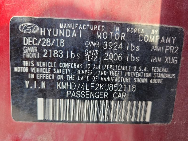 68076906 :رقم المزاد ، KMHD74LF2KU852118 vin ، 2019 Hyundai Elantra مزاد بيع
