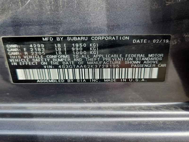 69487696 :رقم المزاد ، 4S3GTAA62K3729195 vin ، 2019 Subaru Impreza مزاد بيع