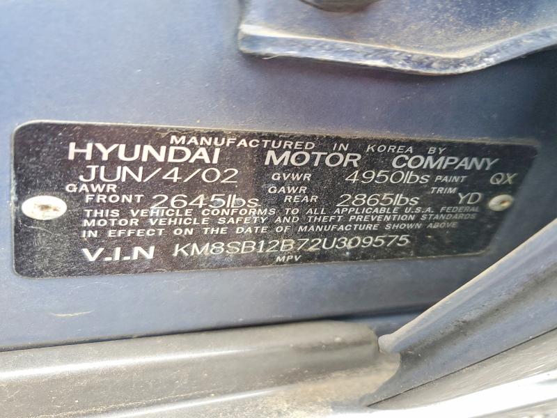 2002 Hyundai Santa Fe მანქანა იყიდება აუქციონზე, vin: KM8SB12B72U309575, აუქციონის ნომერი: 70797906