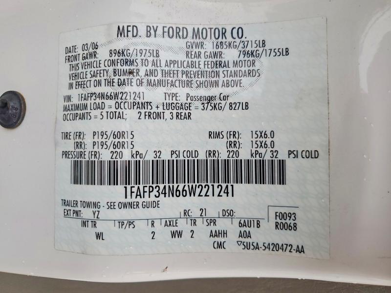 69486566 :رقم المزاد ، 1FAFP34N66W221241 vin ، 2006 Ford Focus مزاد بيع