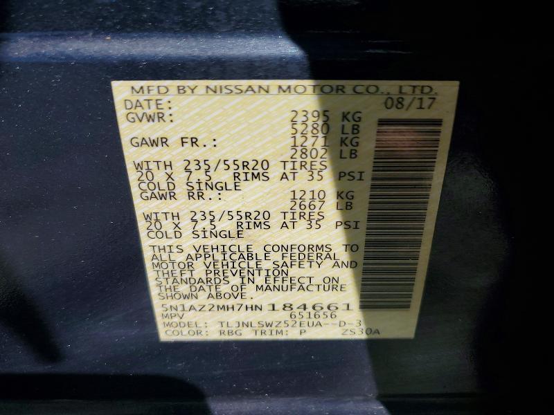 69574186 :رقم المزاد ، 5N1AZ2MH7HN184661 vin ، 2017 Nissan Murano مزاد بيع