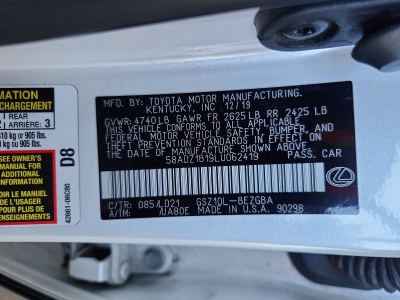 Продаж на аукціоні авто 2020 Lexus Es, vin: 58ADZ1B19LU062419, номер лоту: 68690396