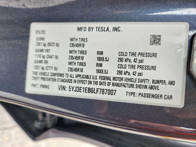 2020 Tesla Model 3 მანქანა იყიდება აუქციონზე, vin: 5YJ3E1EB6LF787007, აუქციონის ნომერი: 69777076