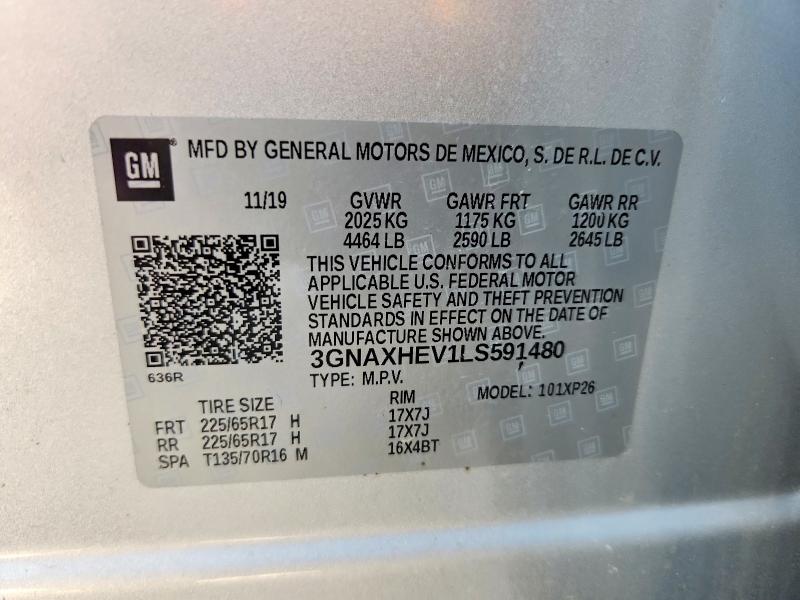 67444236 :رقم المزاد ، 3GNAXHEV1LS591480 vin ، 2020 Chevrolet Equinox مزاد بيع