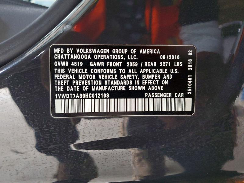 Продажа на аукционе авто 2017 Volkswagen Passat, vin: 1VWDT7A30HC012103, номер лота: 69589846