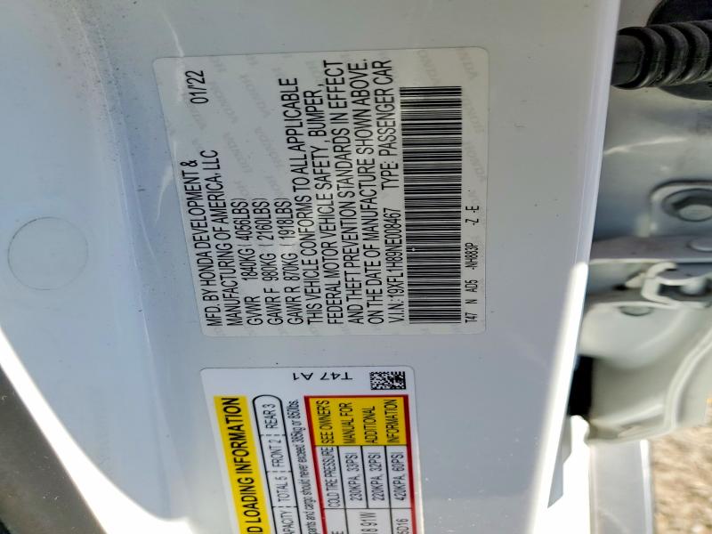 67874006 :رقم المزاد ، 19XFL1H89NE008467 vin ، 2022 Honda Civic مزاد بيع