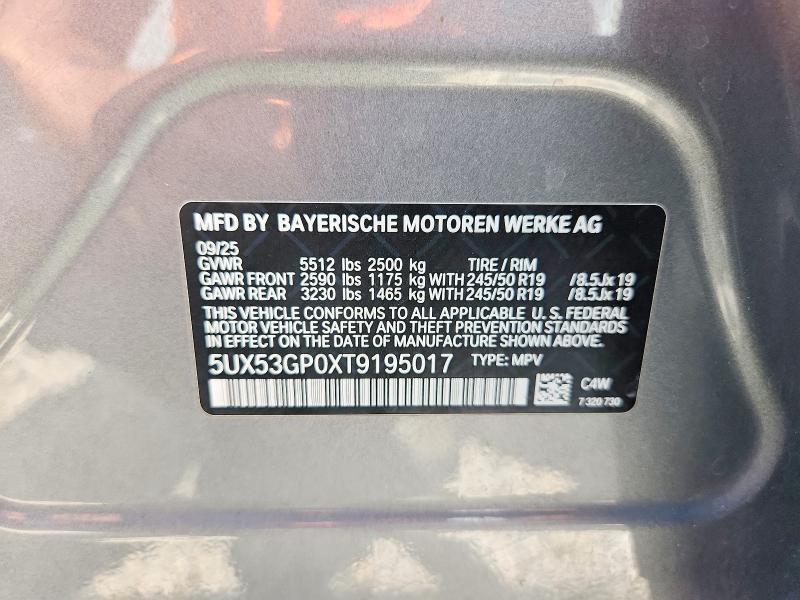 2026 Bmw X3 მანქანა იყიდება აუქციონზე, vin: 5UX53GP0XT9195017, აუქციონის ნომერი: 70443516