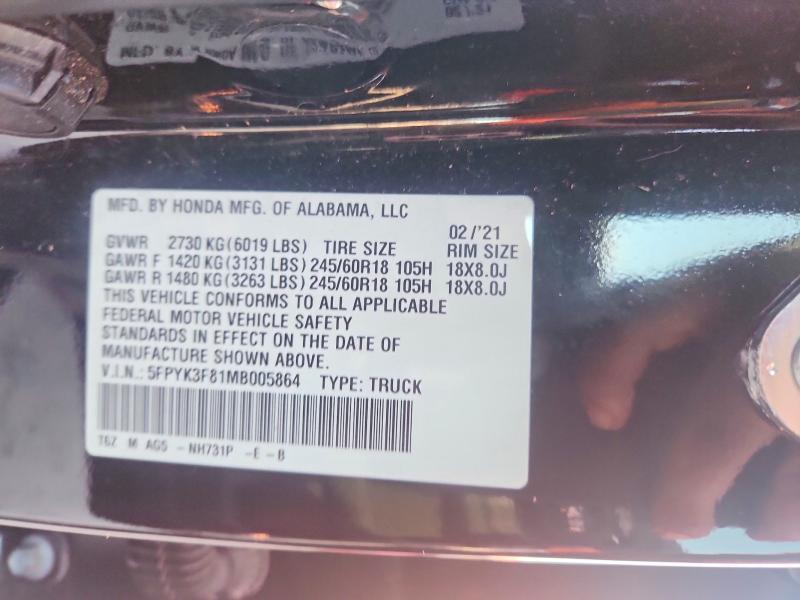 Продаж на аукціоні авто 2021 Honda Ridgeline, vin: 5FPYK3F81MB005864, номер лоту: 68887346