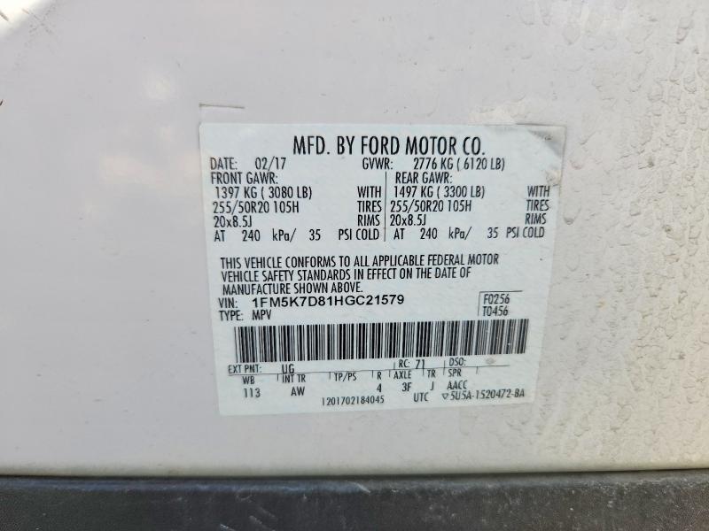 Продаж на аукціоні авто 2017 Ford Explorer, vin: 1FM5K7D81HGC21579, номер лоту: 70828346