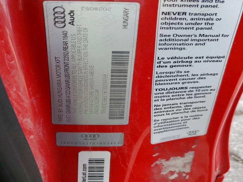 Aukcja sprzedaży 2008 Audi Tt, vin: TRUDD38J781003459, numer aukcji: 68062986