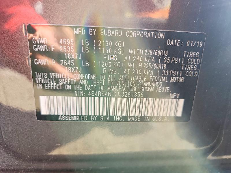 Auction sale of the 2019 Subaru Outback, vin: 4S4BSANC3K3291859, lot number: 69644356
