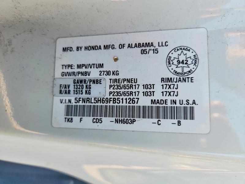 70066576 :رقم المزاد ، 5FNRL5H69FB511267 vin ، 2015 Honda Odyssey مزاد بيع