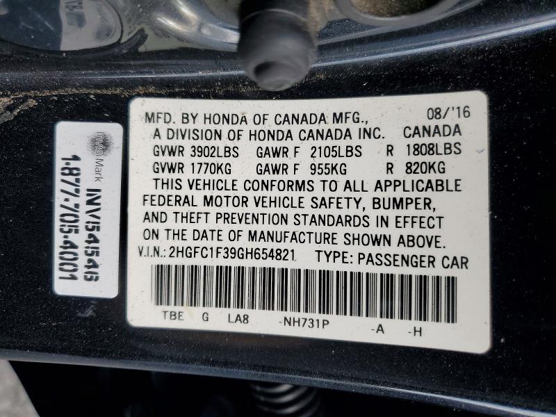 Продаж на аукціоні авто 2016 Honda Civic, vin: 2HGFC1F39GH654821, номер лоту: 67210856