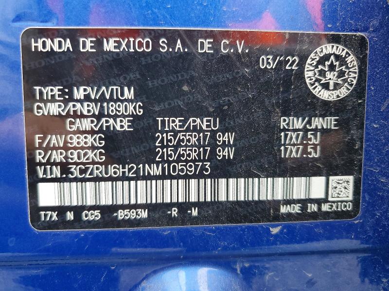 Продажа на аукционе авто 2022 Honda Hr-v, vin: 3CZRU6H21NM105973, номер лота: 68100706