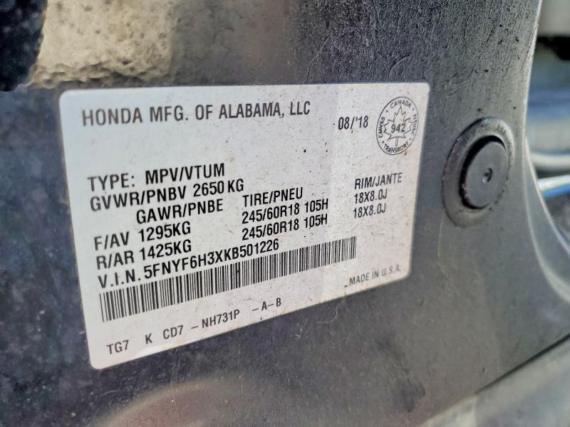 67818356 :رقم المزاد ، 5FNYF6H3XKB501226 vin ، 2019 Honda Pilot مزاد بيع