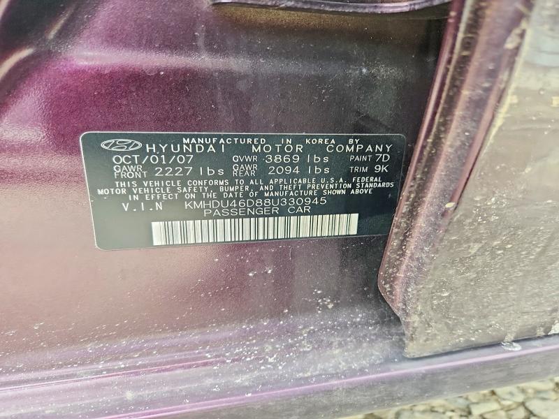 Aukcja sprzedaży 2008 Hyundai Elantra, vin: KMHDU46D88U330945, numer aukcji: 67753016