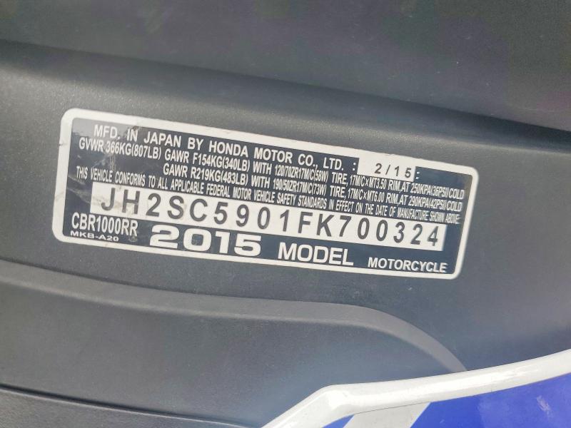 Aukcja sprzedaży 2015 Honda Cbr1000, vin: JH2SC5901FK700324, numer aukcji: 68545756