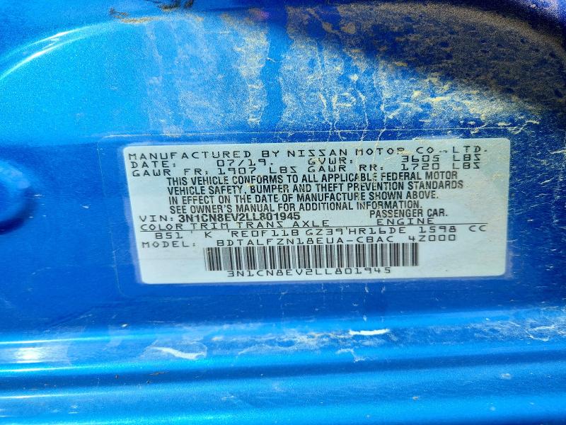 2020 Nissan Versa მანქანა იყიდება აუქციონზე, vin: 3N1CN8EV2LL801945, აუქციონის ნომერი: 70911286