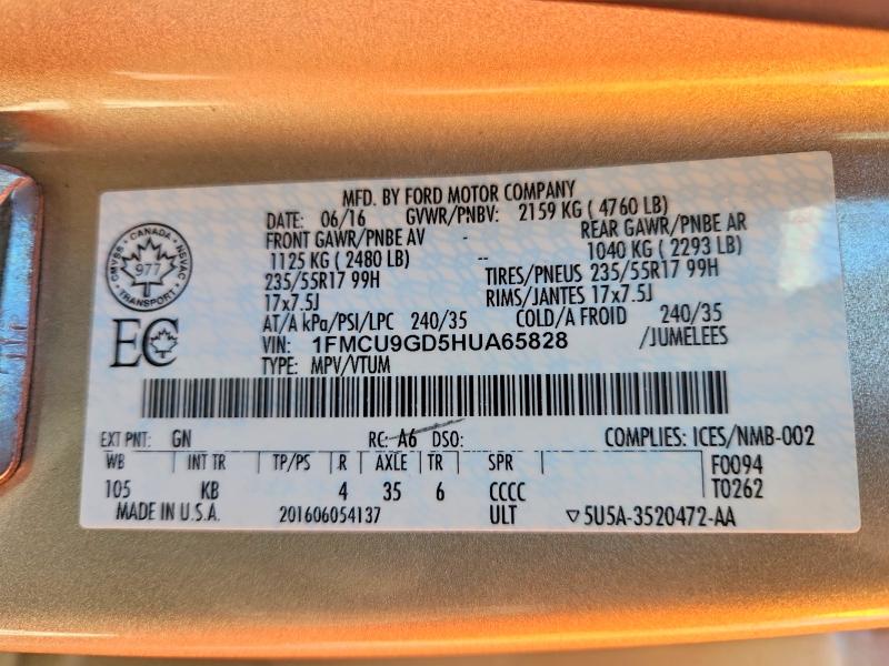 Продаж на аукціоні авто 2017 Ford Escape, vin: 1FMCU9GD5HUA65828, номер лоту: 70804756