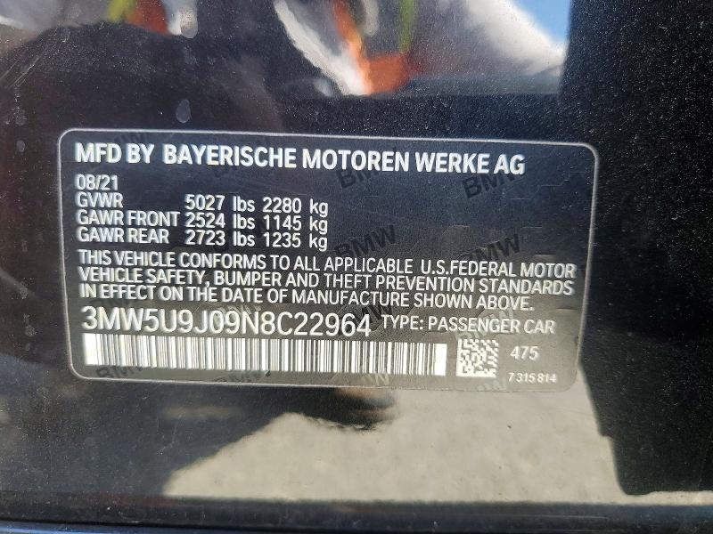 Aukcja sprzedaży 2022 Bmw M340xi, vin: 3MW5U9J09N8C22964, numer aukcji: 68367206