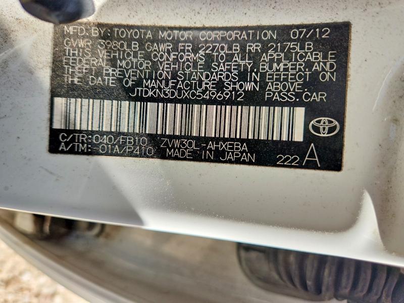 Aukcja sprzedaży 2012 Toyota Prius, vin: JTDKN3DUXC5496912, numer aukcji: 67276586