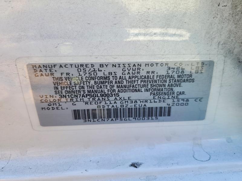 Продажа на аукционе авто 2016 Nissan Versa, vin: 3N1CN7AP5GL900315, номер лота: 69814226
