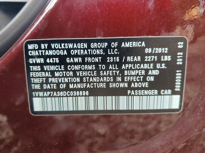 67812126 :رقم المزاد ، 1VWAP7A36DC036696 vin ، 2013 Volkswagen Passat مزاد بيع